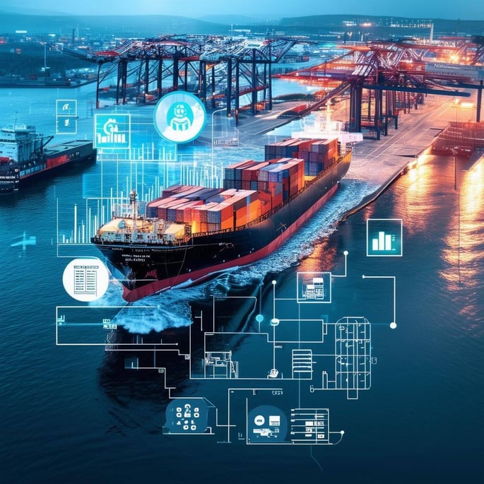 An image of a ship arriving at a port, with various data sources being integrated into a single platform to show the full financial impact of the vess